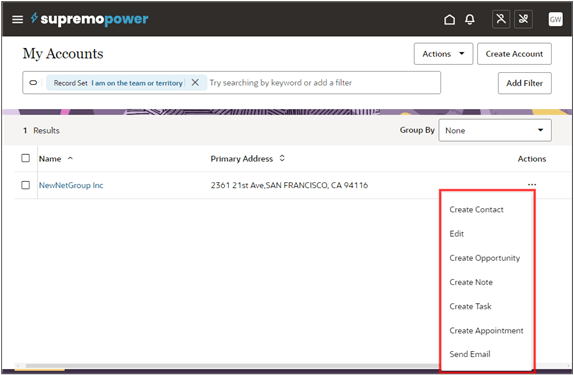 「アクション」リストが強調表示されているアカウントのリスト・ページのスクリーンショット。