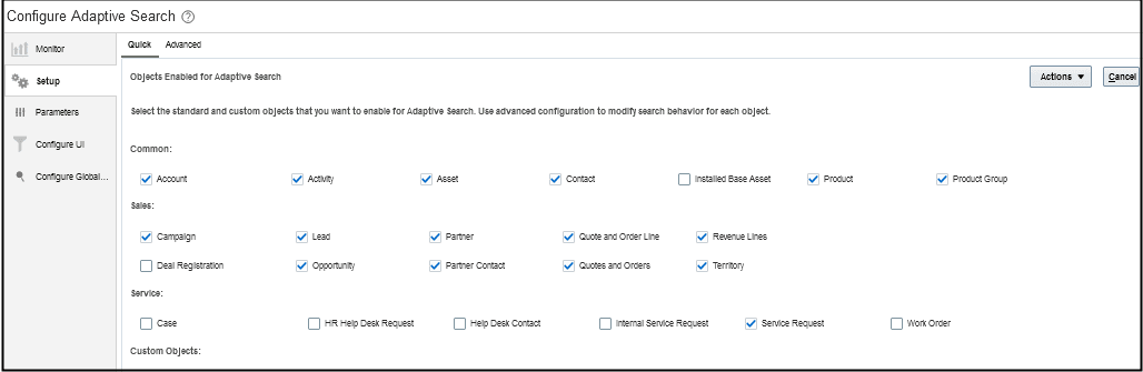 「適応型検索の構成」UIの クイック設定タブのサンプルのスクリーンショット