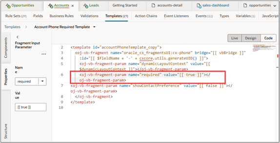 追加パラメータを強調表示した複製テンプレートのコード・ビュー