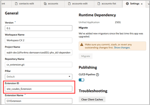 「拡張機能ID」フィールドが強調表示された「設定」ページ