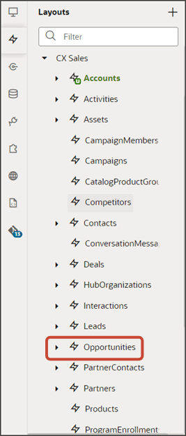 これは、Visual Builder Studioの「レイアウト」タブの「Opportunities」ノードのスクリーンショットです。