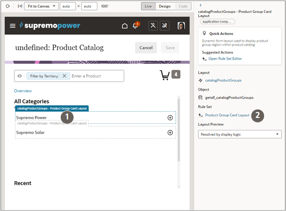 選択された製品グループとルール・セットが強調表示されている、Visual Builder Studioのページ・デザイナのスクリーンショット。