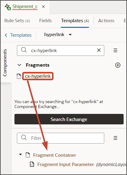 このスクリーンショットは、cx-hyperlinkフラグメントを追加する場所を示しています。