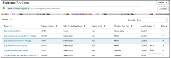 このスクリーン・ショットは、「製品および価格設定」ページのサンプル・イメージで、製品価格を設定します(または、製品を廃止できます)。