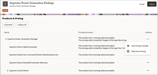 スクリーンショットは、「価格設定の編集/表示」ページにアクセスする「製品および価格設定」ページのサンプル・イメージです。