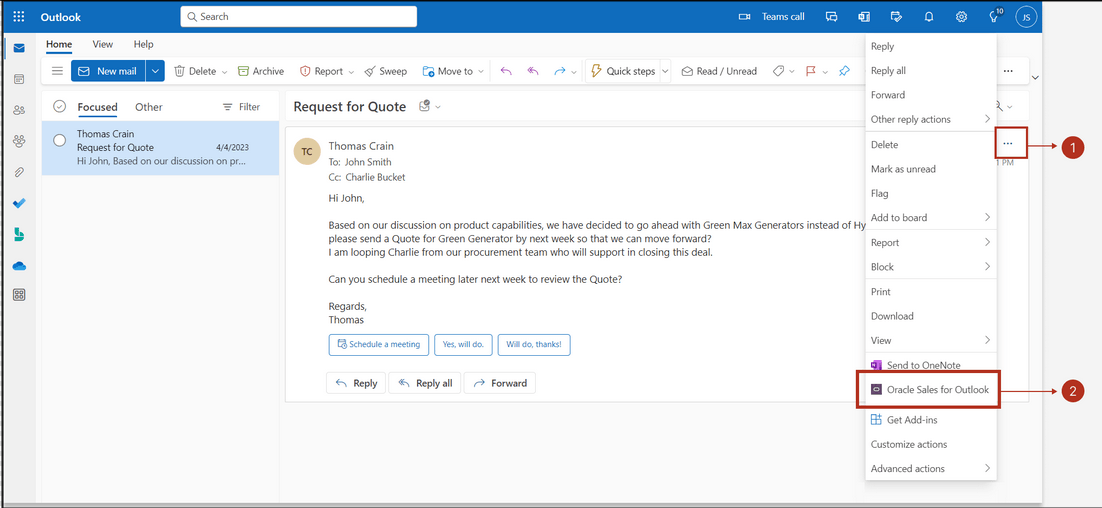 スクリーンショットは、webからOracle Sales for Outlookにアクセスする方法を示しています