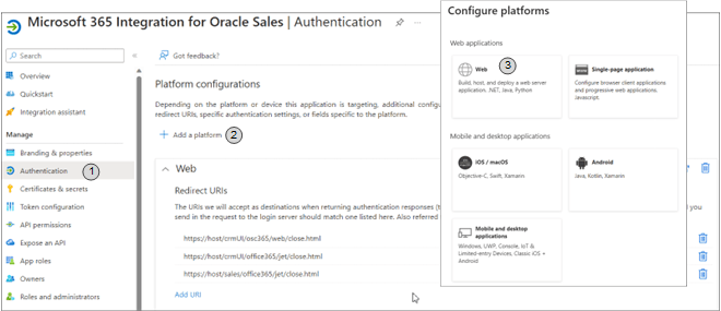 「プラットフォームの追加」および「Configure platforms」の Web選択がコールアウトで表示されて強調表示された「認証」