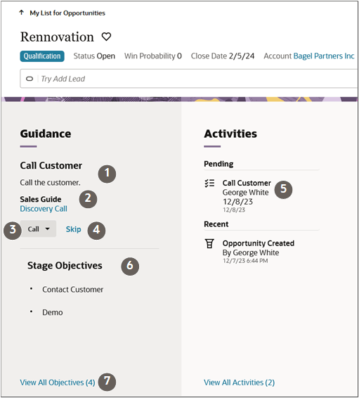 推奨コール・ステップを示す「商談ガイダンス」パネル。 コールアウトでは、テキストで説明されているUI要素が強調表示されます。