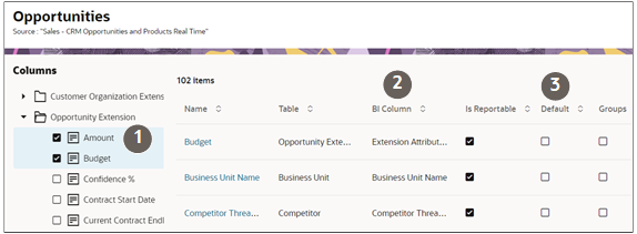 Oracleが提供する商談レポート・タイプの一部のスクリーンショット。