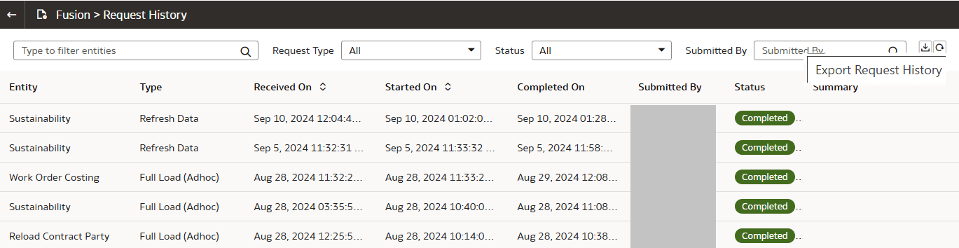 ロードの履歴と「エクスポート・リクエスト履歴」アイコンが表示された「リクエスト履歴」ページ ロードの履歴と「エクスポート・リクエスト履歴」アイコンが表示された「リクエスト履歴」ページ