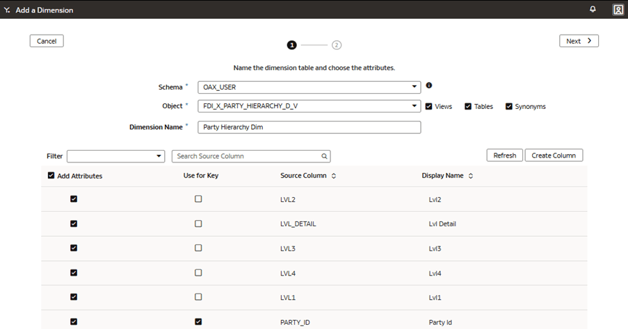 「ディメンションの追加」ページのウィザードのステップ1