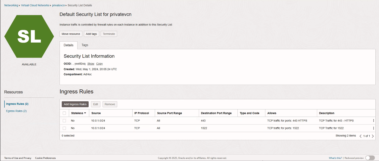 ポート443および1522に対するイングレス・ルールのサンプル ポート443および1522に対するイングレス・ルールのサンプル