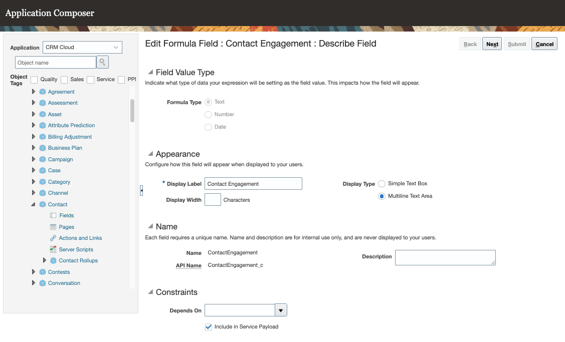 スクリーンショットは、カスタム連絡先ロールアップ「Contact Engagement」の複数行テキスト・エリアの式フィールドの作成を示しています。
