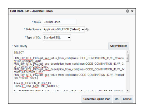 この図は、「名前」、「データ・ソース」、「SQLタイプ」および「SQL問合せ」の フィールドを含む「データ・セットの編集 - 仕訳明細」ダイアログ・ボックスを 示しています。 「SQL問合せ」フィールドには、このタスクのステップ2で構成された 文が含まれています。 
