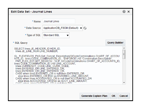 この図は、「名前」、「データ・ソース」、「SQLタイプ」および「SQL問合せ」の フィールドを含む「データ・セットの編集 - 仕訳明細」ダイアログ・ボックスを 示しています。