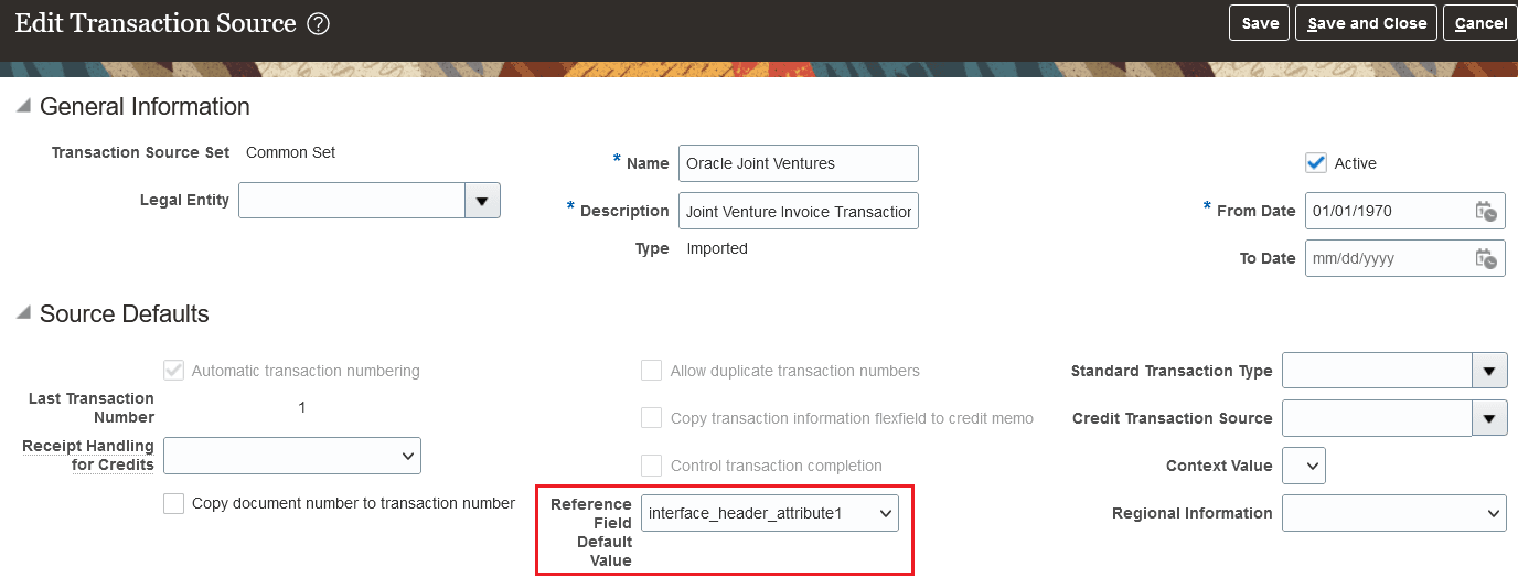 この図は、Oracle Joint Venturesトランザクション・ソースの「トランザクション・ソースの編集」ページを示しています。 「参照フィールド・デフォルト値」には値interface_header_attribute_1が移入されています。 