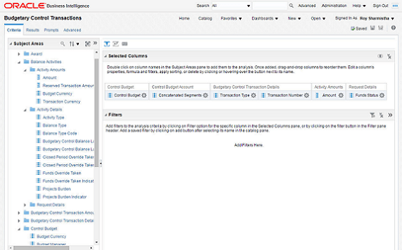 この図は、サブジェクト領域レポート・ビルダーの 基準の例を示しています。