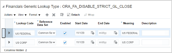 2つの有効な参照コード(それぞれが資産台帳を表す)を示すORA_FA_DISABLE_STRICT_GL_CLOSE参照タイプの検索結果。