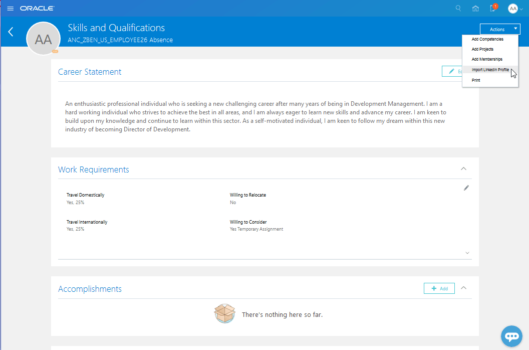 「スキルおよび資格」ページでのLinkedInプロファイルのインポート