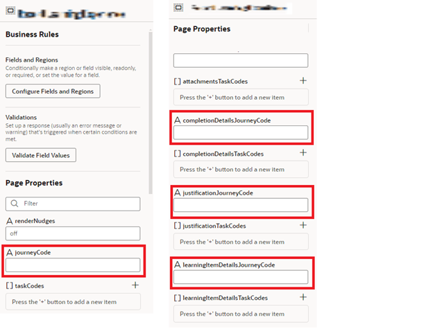 ページ・レベルおよびセクション・レベルのジャーニ・コード・フィールドを表示するスクリーン・キャプチャ。
