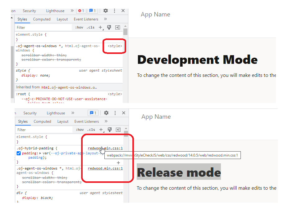 開発およびリリース・モードでのCSS参照