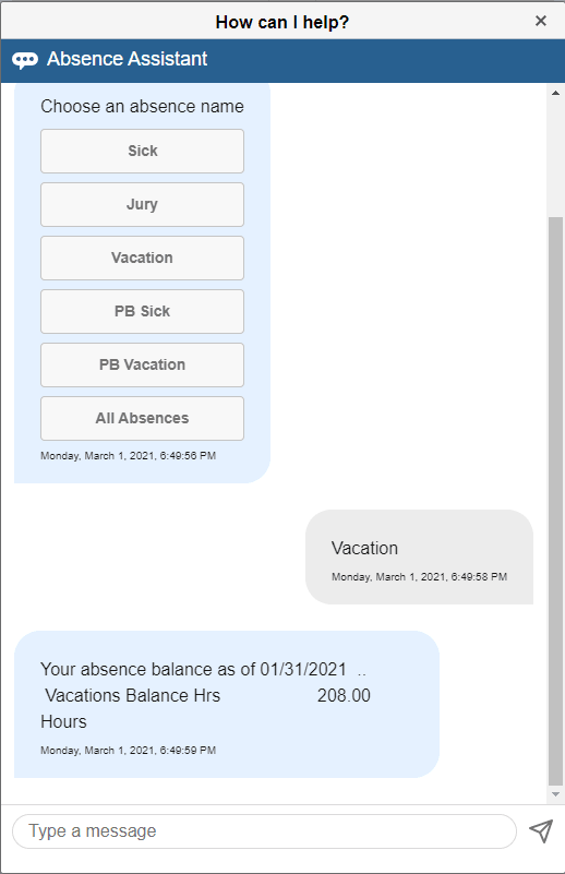 Absence Assistant with Vacation Balance information