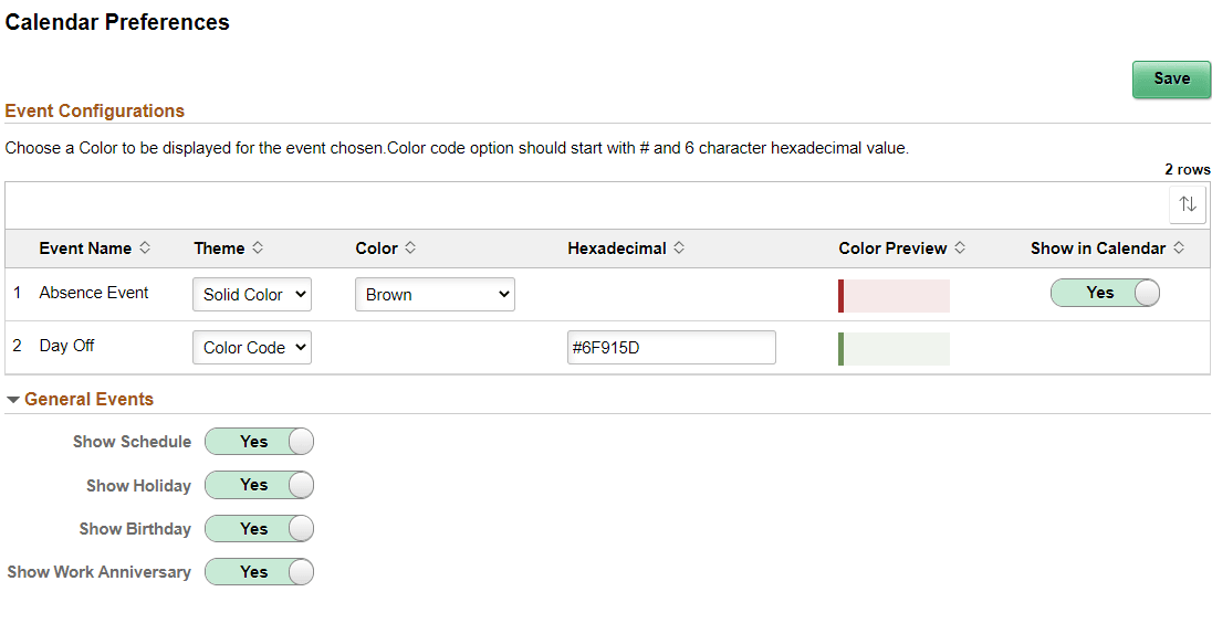 Calendar Preferences Page