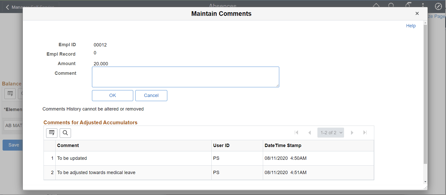 Adjust Balance Comments Modal