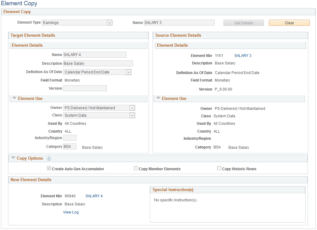 Example of the Element Copy page after element copy creation