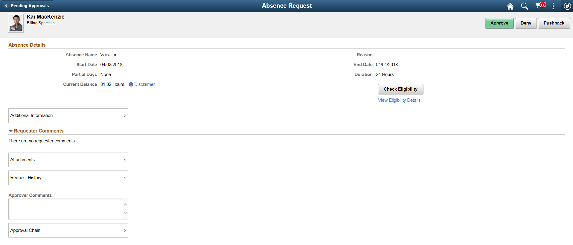 Pending Approvals - Absence Request page