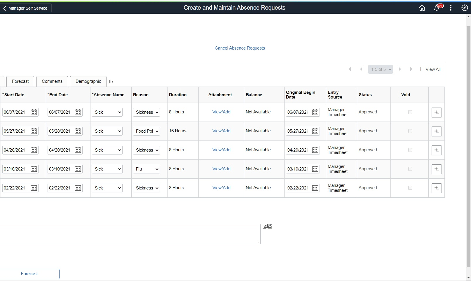 Create and Maintain Absence Requests page (3 of 3)