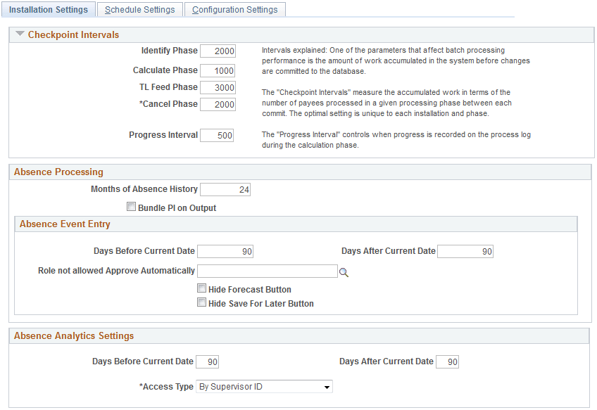 Installation Settings page (1 of 2)