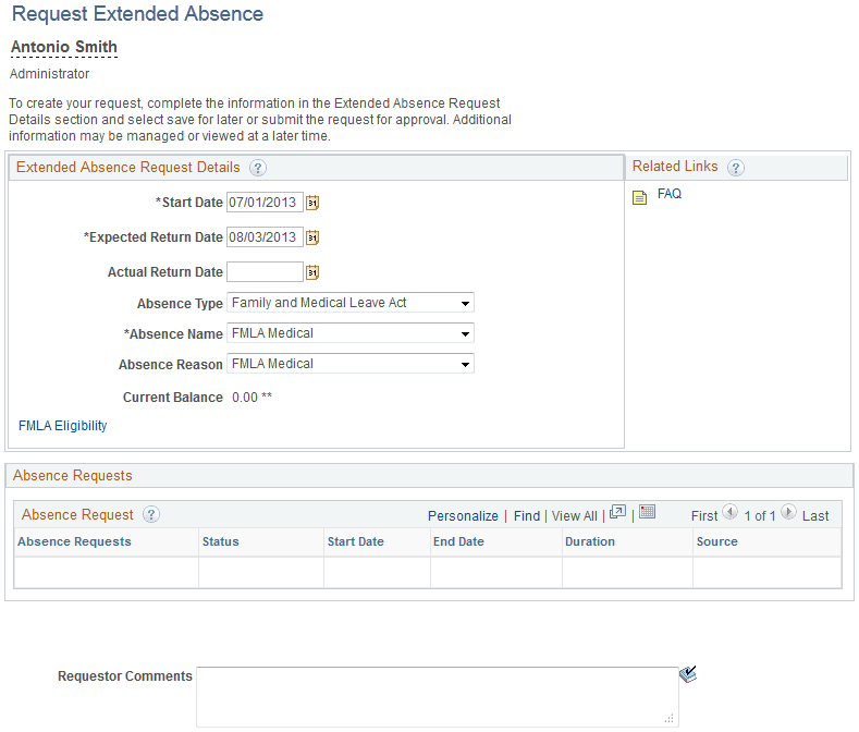 Request Extended Absence page