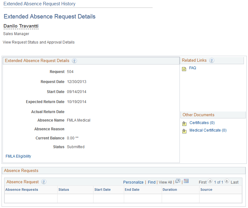 Extended Absence Request Details page (1 of 2)