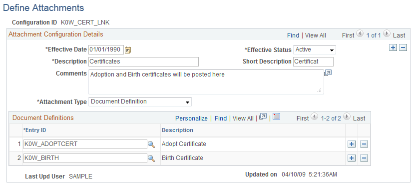Define Attachments page - displaying the Document Definition attachment type for the selected attachment