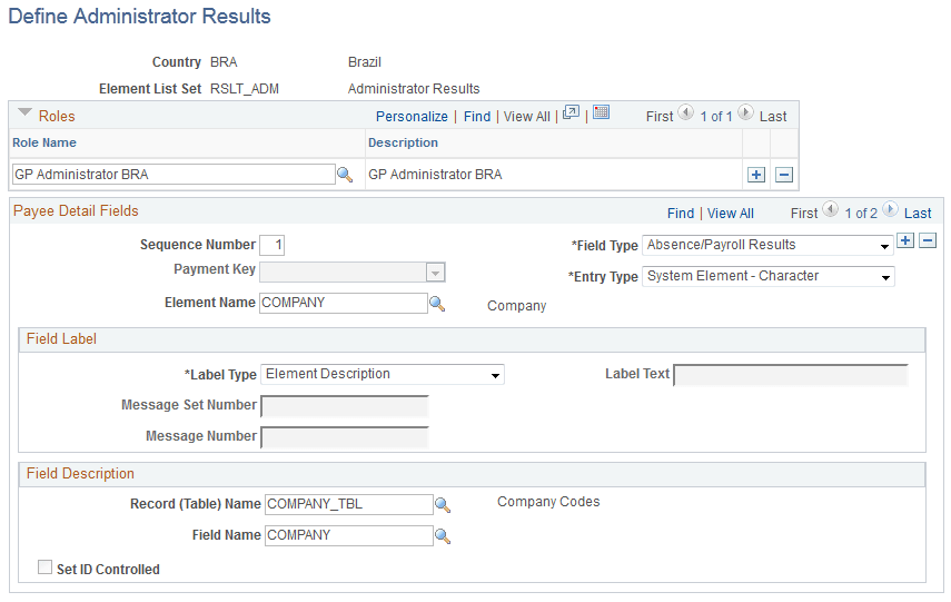 Define Administrator Results page