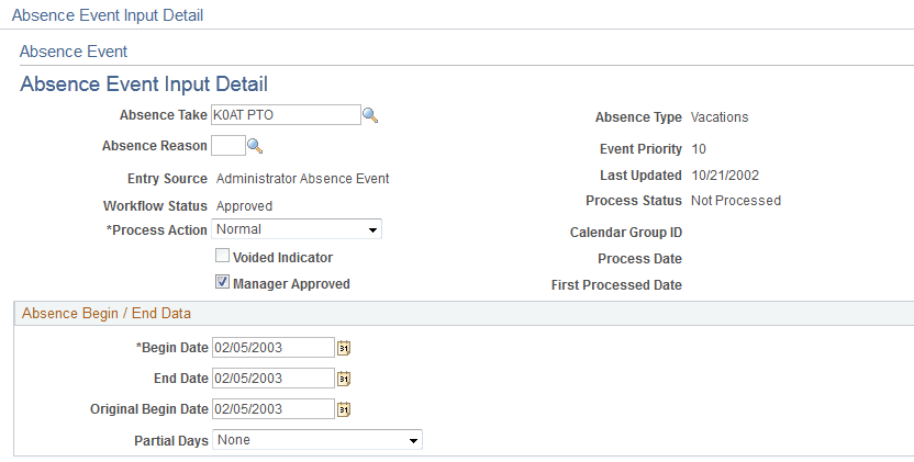 Absence Event Input Detail page (1 of 2)