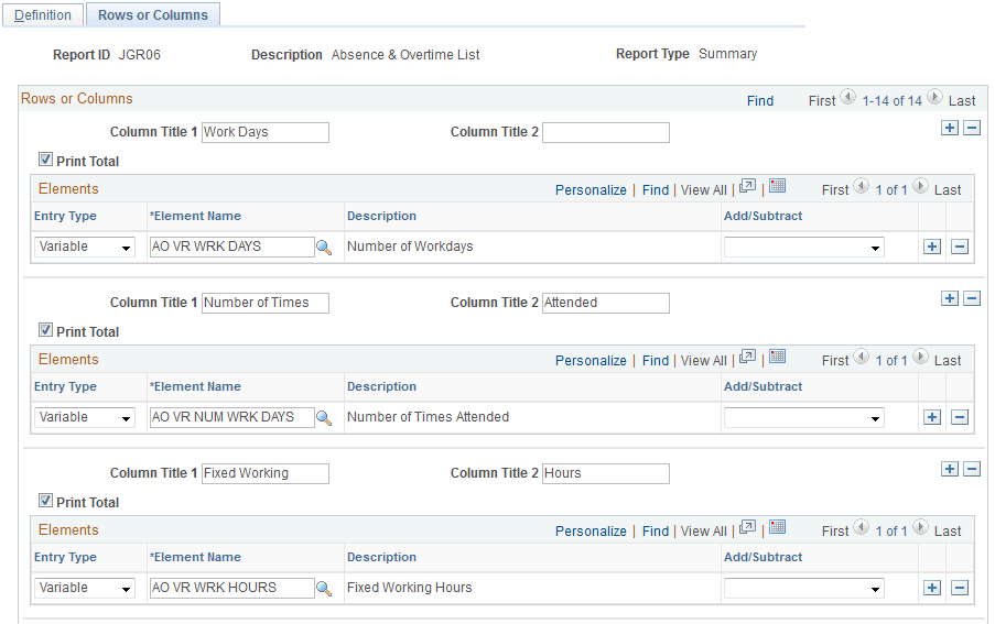 Rows or Columns page