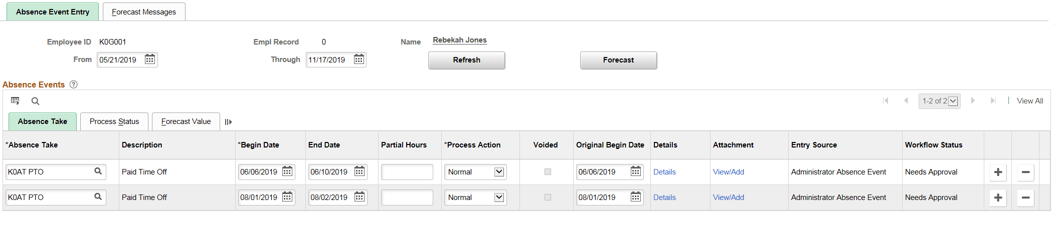 Absence Event Entry page