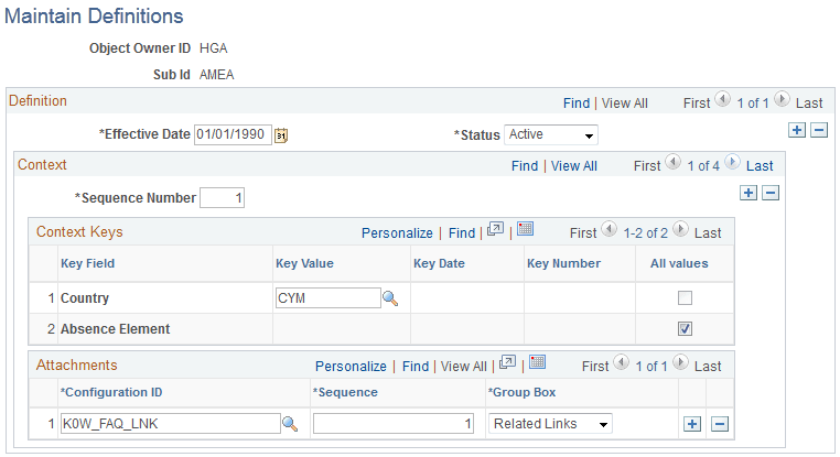 Maintain Definitions page - displaying the location of the attachment link in the Extended Absence component