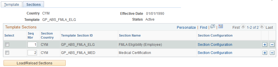 Template Definition - Sections page