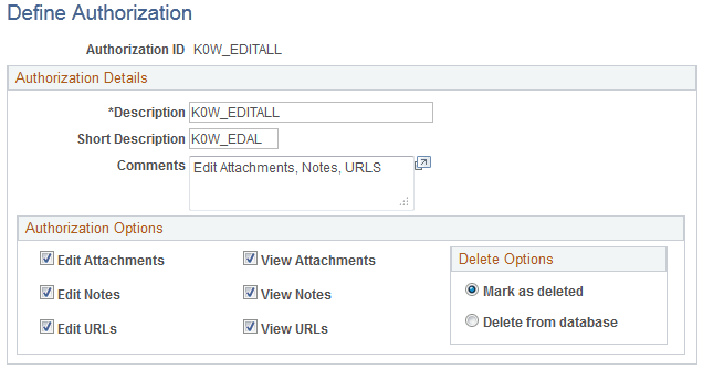 Define Authorization page - displaying the K0W_EDITALL Authorization ID