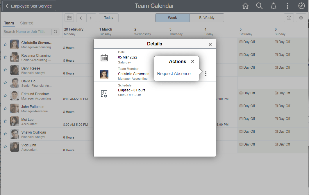 Employee Team Calendar Related Actions