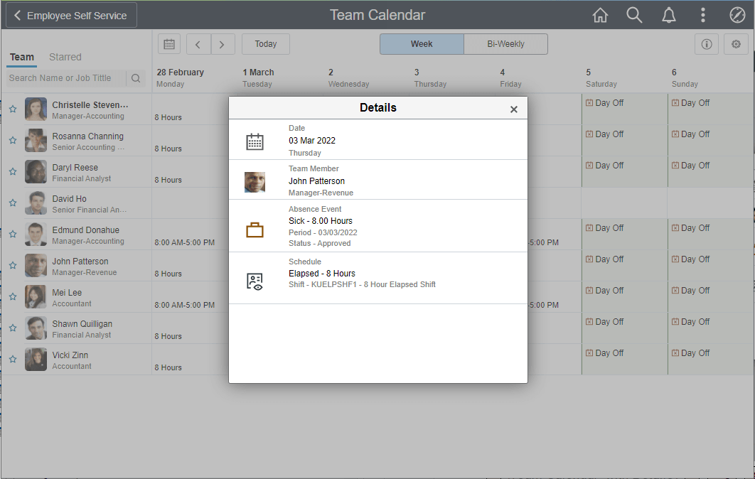 Employee Team Calendar Week Details