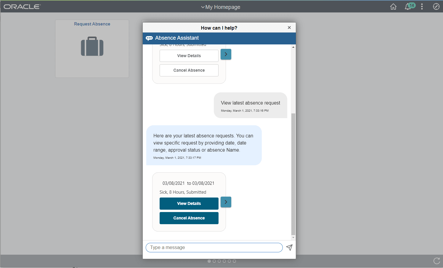 Absence Assistant View Latest Absence Request
