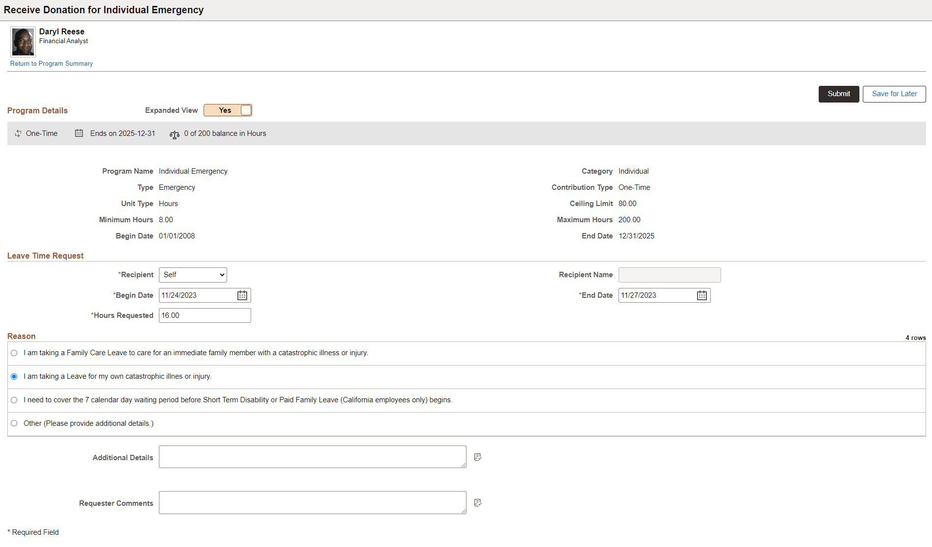 Receive Donation page