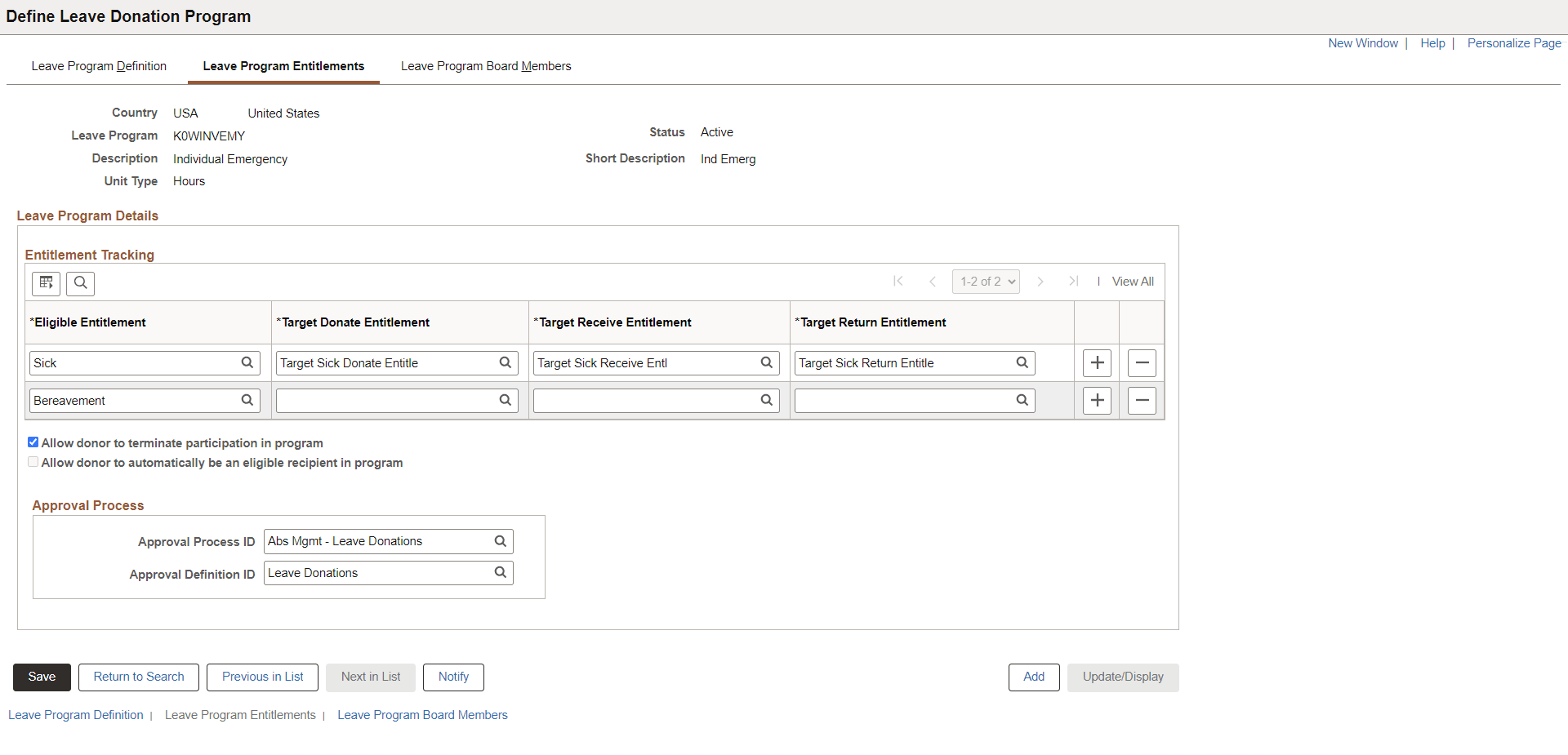 Leave Program Entitlements page