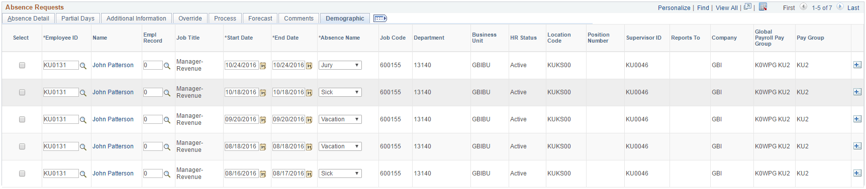 Create and Maintain Absence Requests page: Demographic tab
