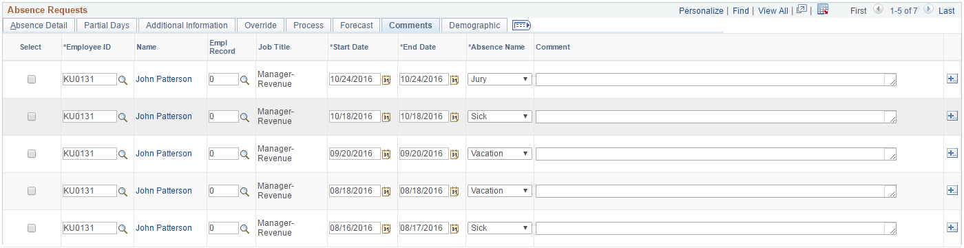 Create and Maintain Absence Requests page: Comments tab