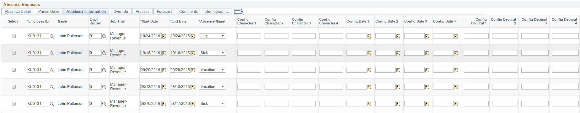 Create and Maintain Absence Requests page: Additional Information tab